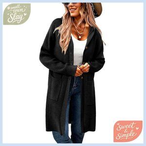 Long Hooded Cardigan Chunky Knit Open Front Button Down Winter Sweater Cozy